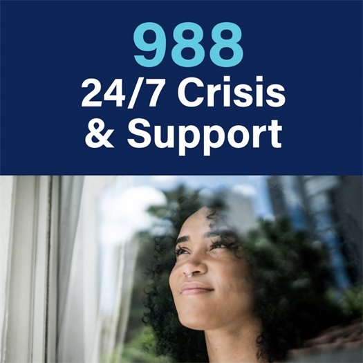 A person looking out a window and the number for the 988 crisis support line.