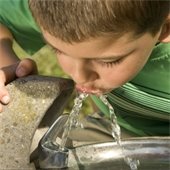 Boy drinking from a water fountain