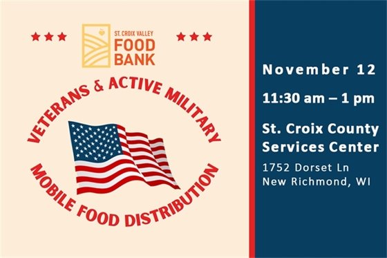 St. Croix Valley Food Bank logo with an American flag and information about the distribution event. Details also available below. 