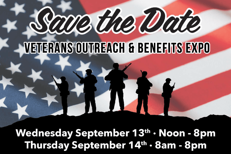 An image of soldiers in front of the American flag and information about a veteran benefits expo. 