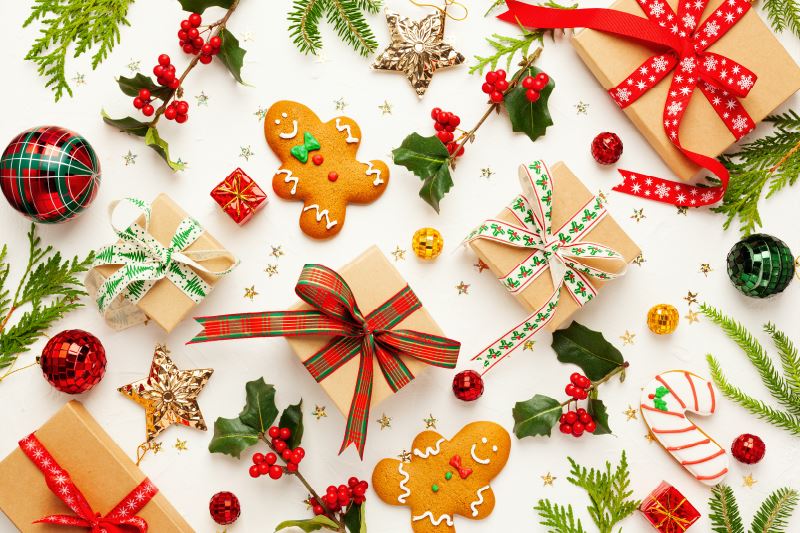 Holiday gifts and cookies.