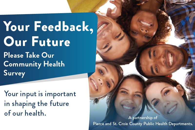 A group of young adults and text encouraging people to take the Community Health Assessment. 