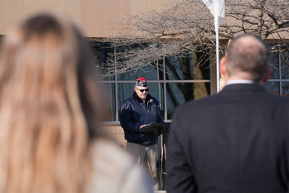 Veteran speaking at the 2025 St. Croix County Veterans Day Ceremony.