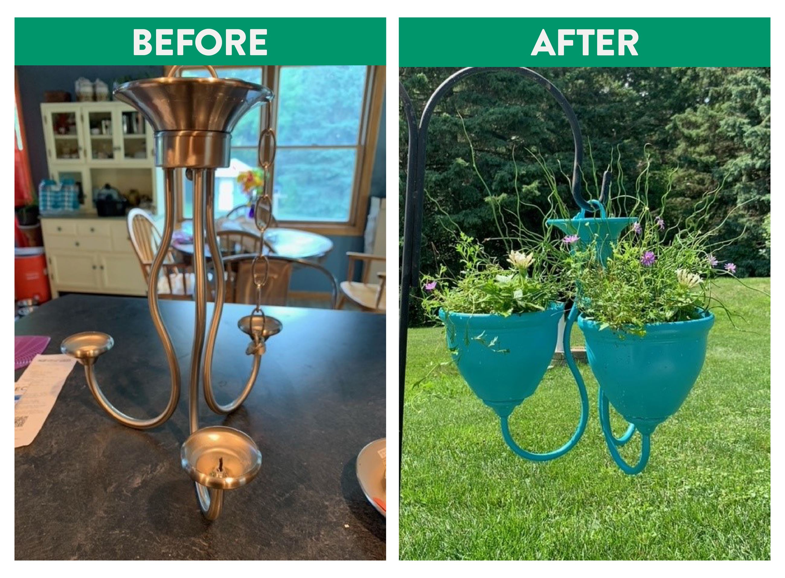 Before and after photo of a light fixture that was transformed into a hanging flower planter.